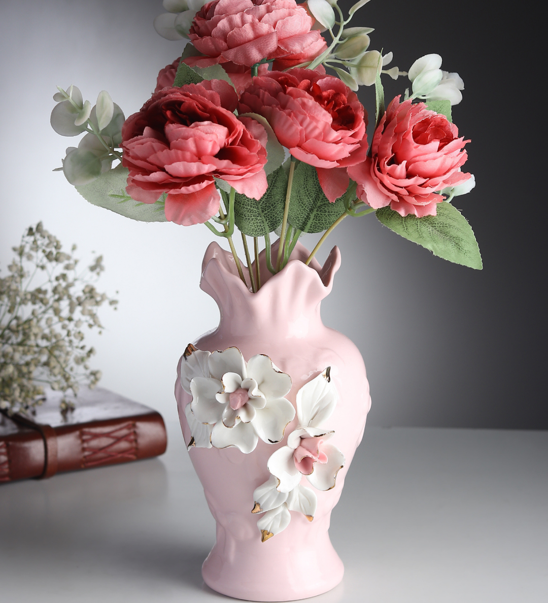 Elodie Fleur Ruffled Rim Porcelain Vase with Gold Detail Pink view 1