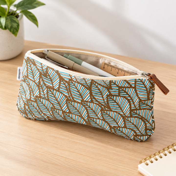 Grey Leaf Print Canvas Zipper Pouch, View 6