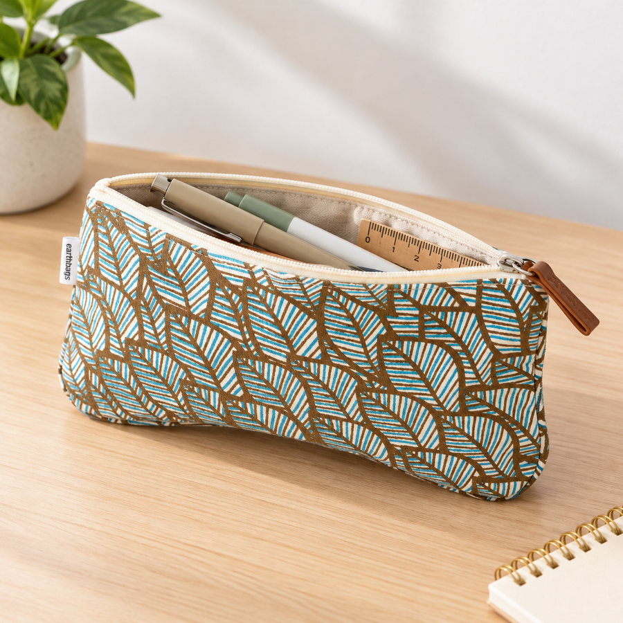 Grey Leaf Print Canvas Zipper Pouch, View 6