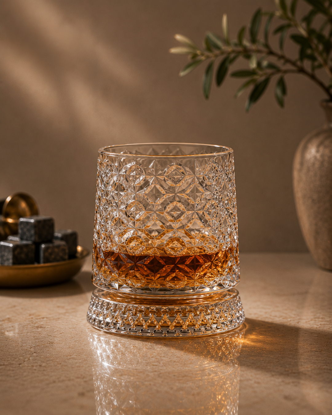 Rotating Whiskey Glass with LED Base, Diamond Cut Style 2 in crystal glass, 250 ml