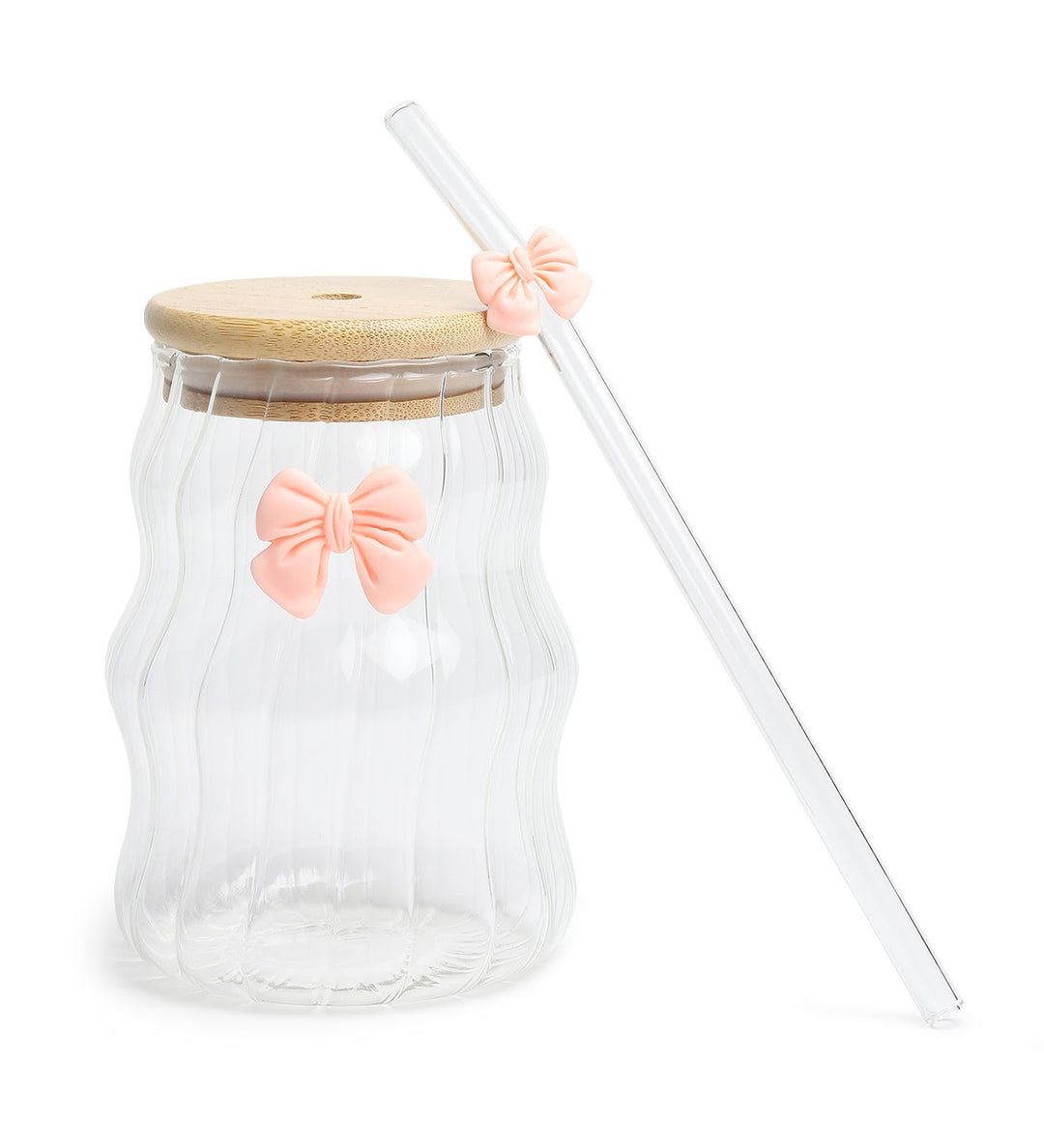 Taffy Wavy Glass Tumbler with Wooden Lid and Straw Pink view 6