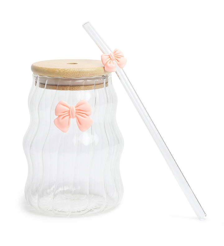 Taffy Wavy Glass Tumbler with Wooden Lid and Straw Pink view 6
