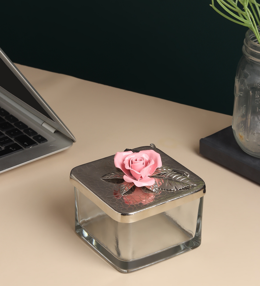 Petal Eclat Square Storage Box with Floral Bloom Accent Pink view 1