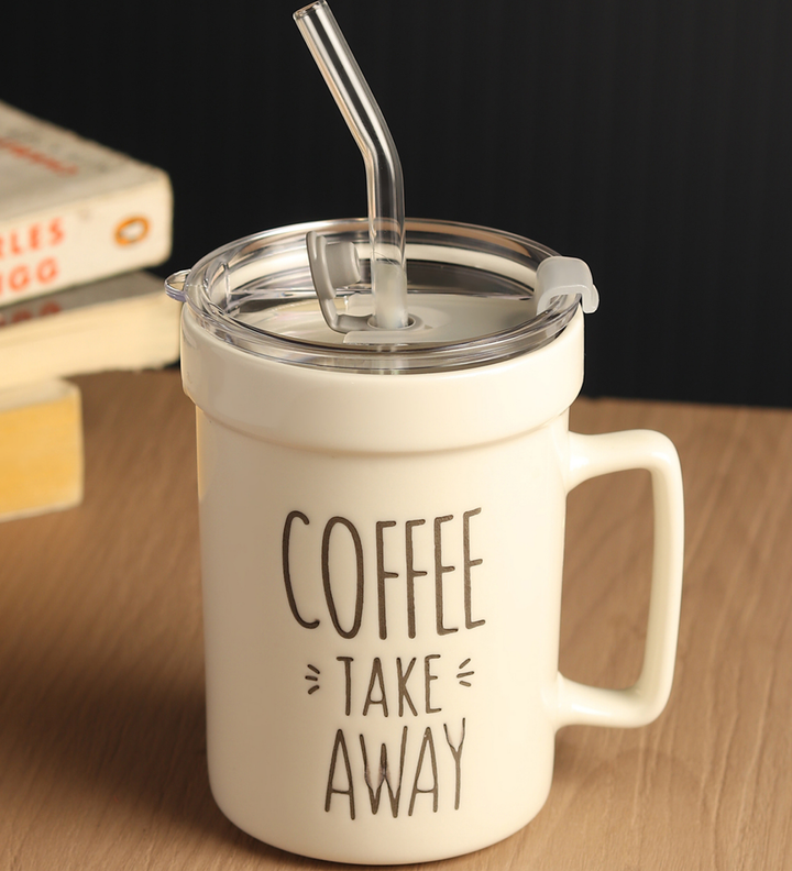 Percy White Ceramic Coffee Mug with Cafe Inscription Coffee Take Away view 1