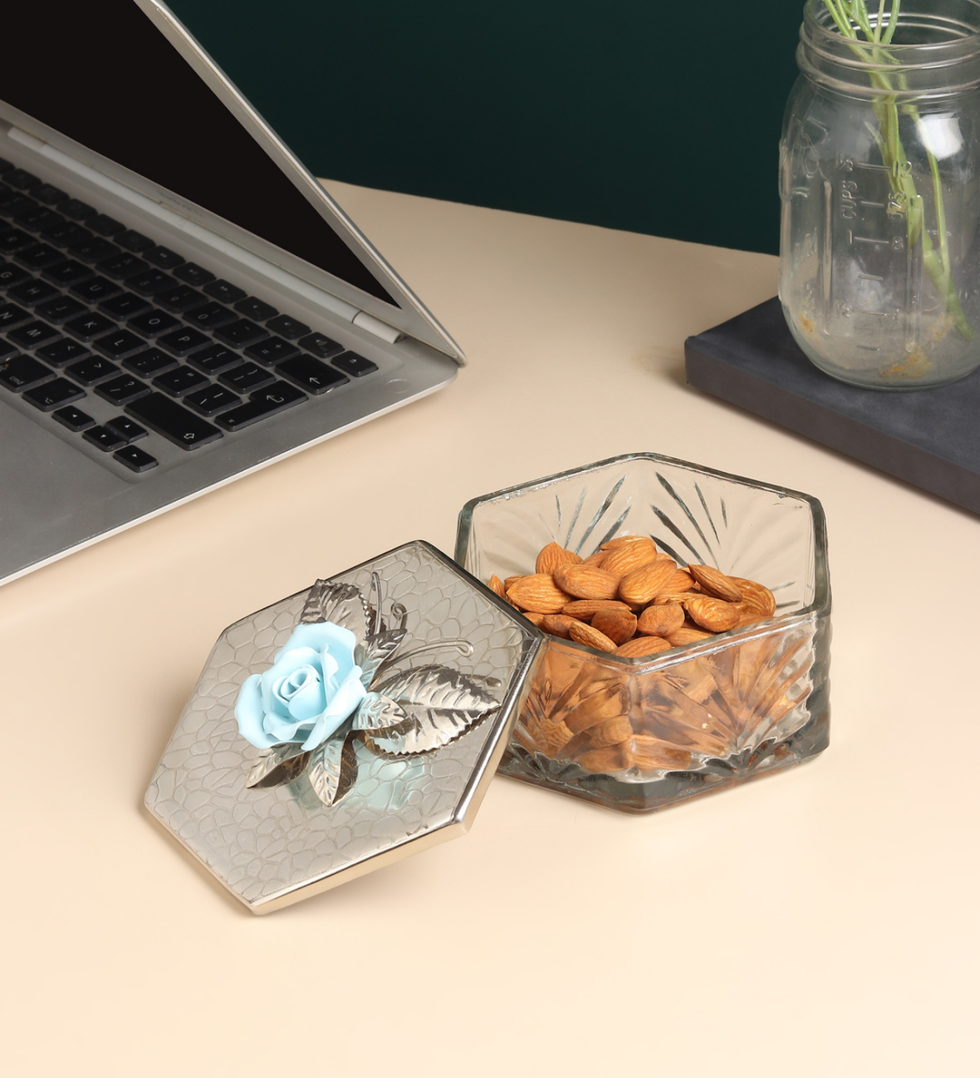 Petal Eclat Hexagon Trinket Box with Floral Bloom Accent Blue view 2