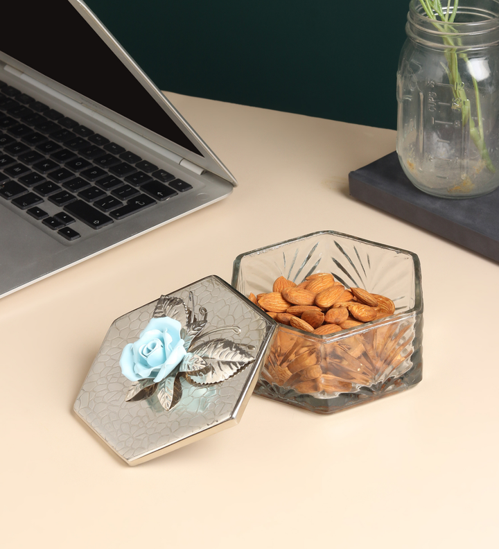 Petal Eclat Hexagon Trinket Box with Floral Bloom Accent Blue view 2