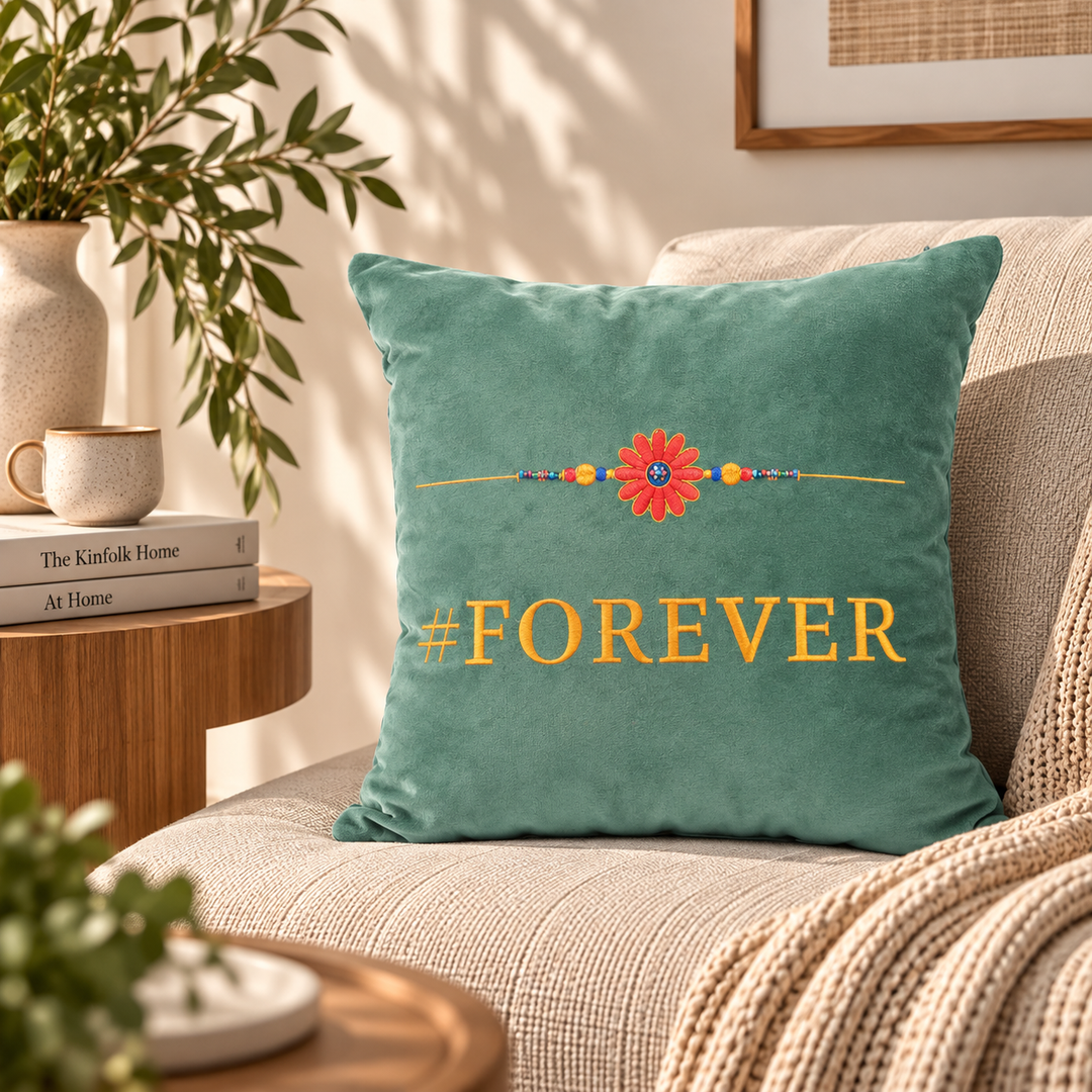 Rakhi Embroidered Velvet Cushion 30 cm, #FOREVER, view 5
