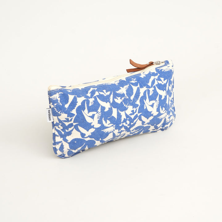 Blue Leaf Print Canvas Zipper Pouch, View 3