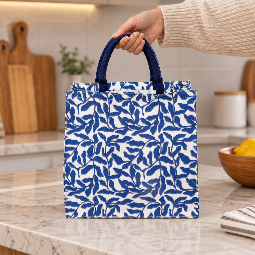 Blue Leaf Print Jute Lunch Bag, View 2
