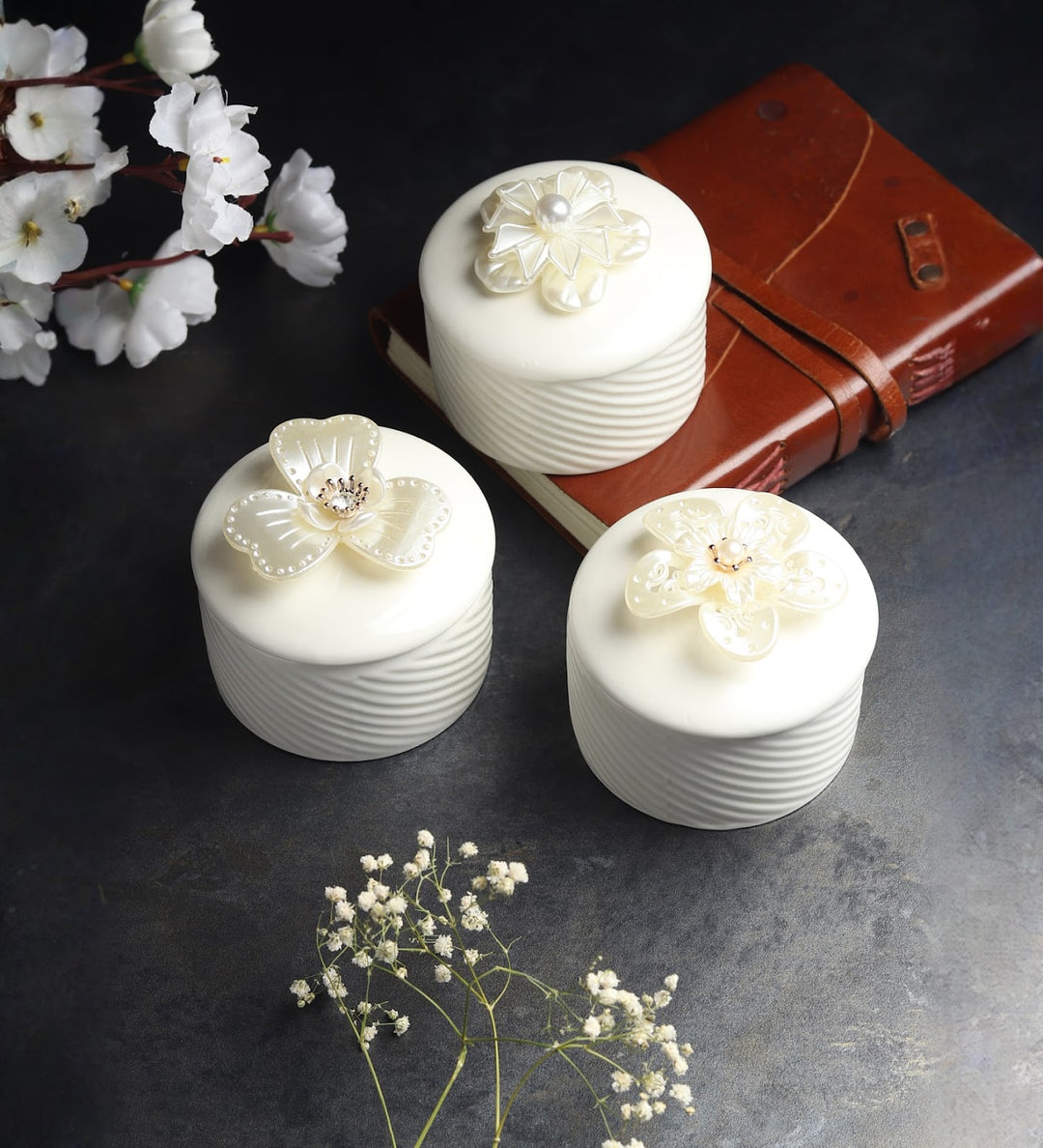 Florette Ribbed Porcelain Trinket Box Set view 1
