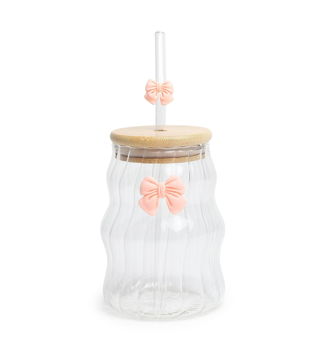 Taffy Wavy Glass Tumbler with Wooden Lid and Straw Pink view 4