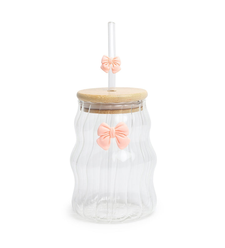 Taffy Wavy Glass Tumbler with Wooden Lid and Straw Pink view 4