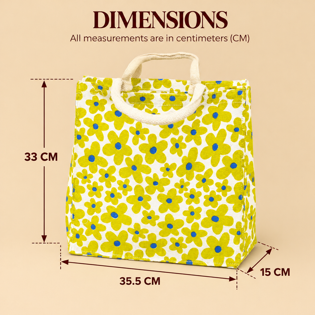 Yellow Floral Print Jute Lunch Bag, View 5