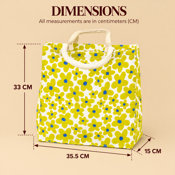 Yellow Floral Print Jute Lunch Bag, View 5