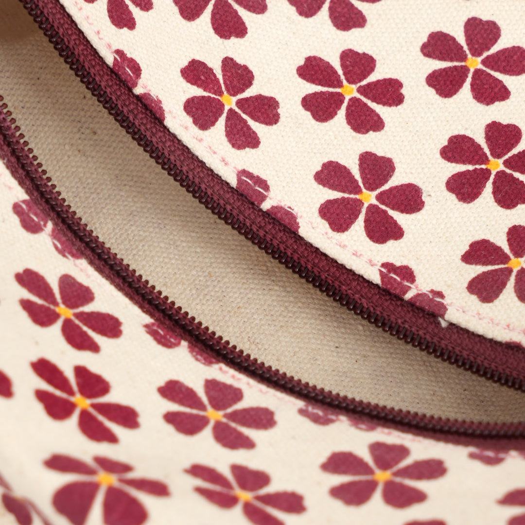 Maroon Floral Print Fluffy Pouch with Pom Pom, View 4