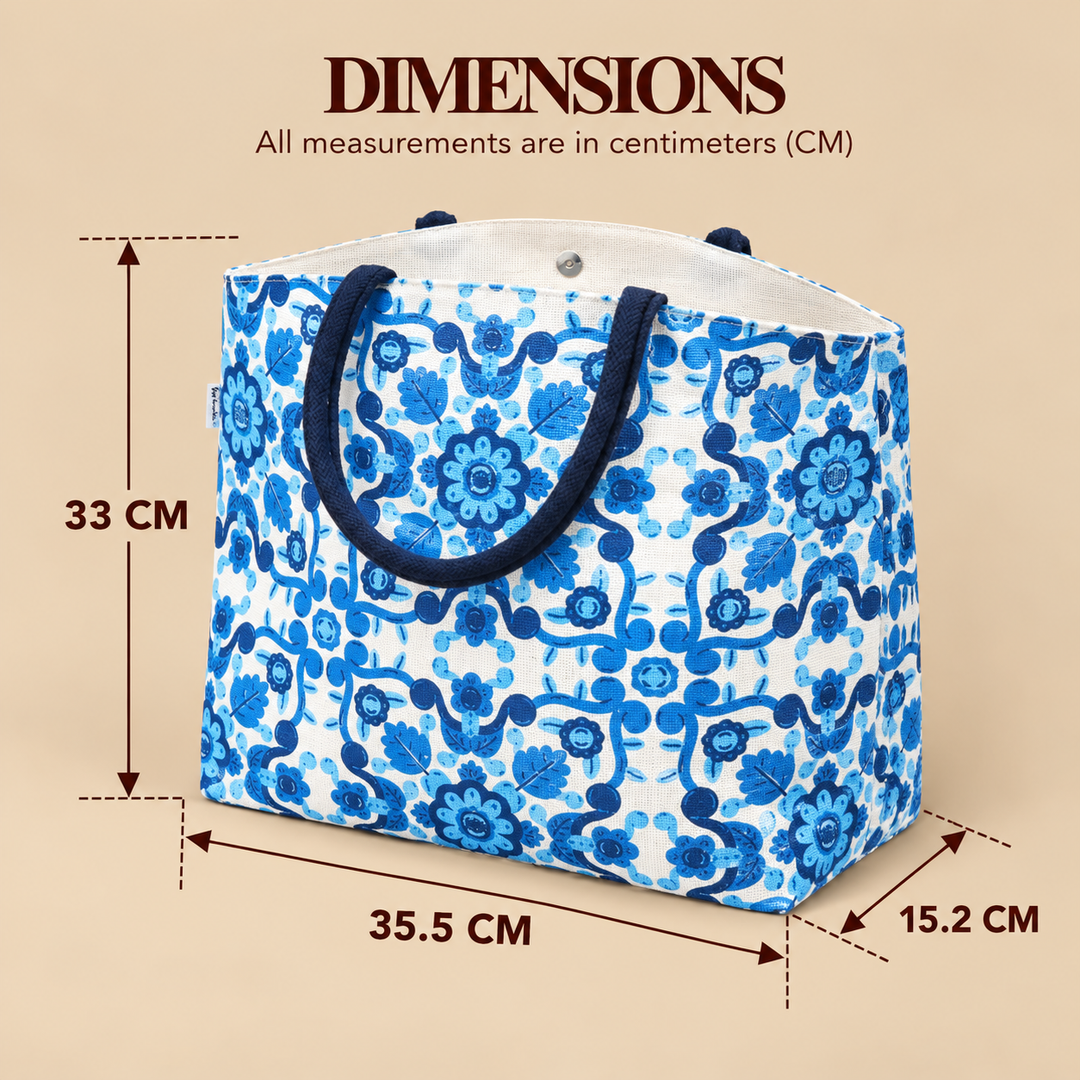 Blue Floral Print Jute Carry Bag