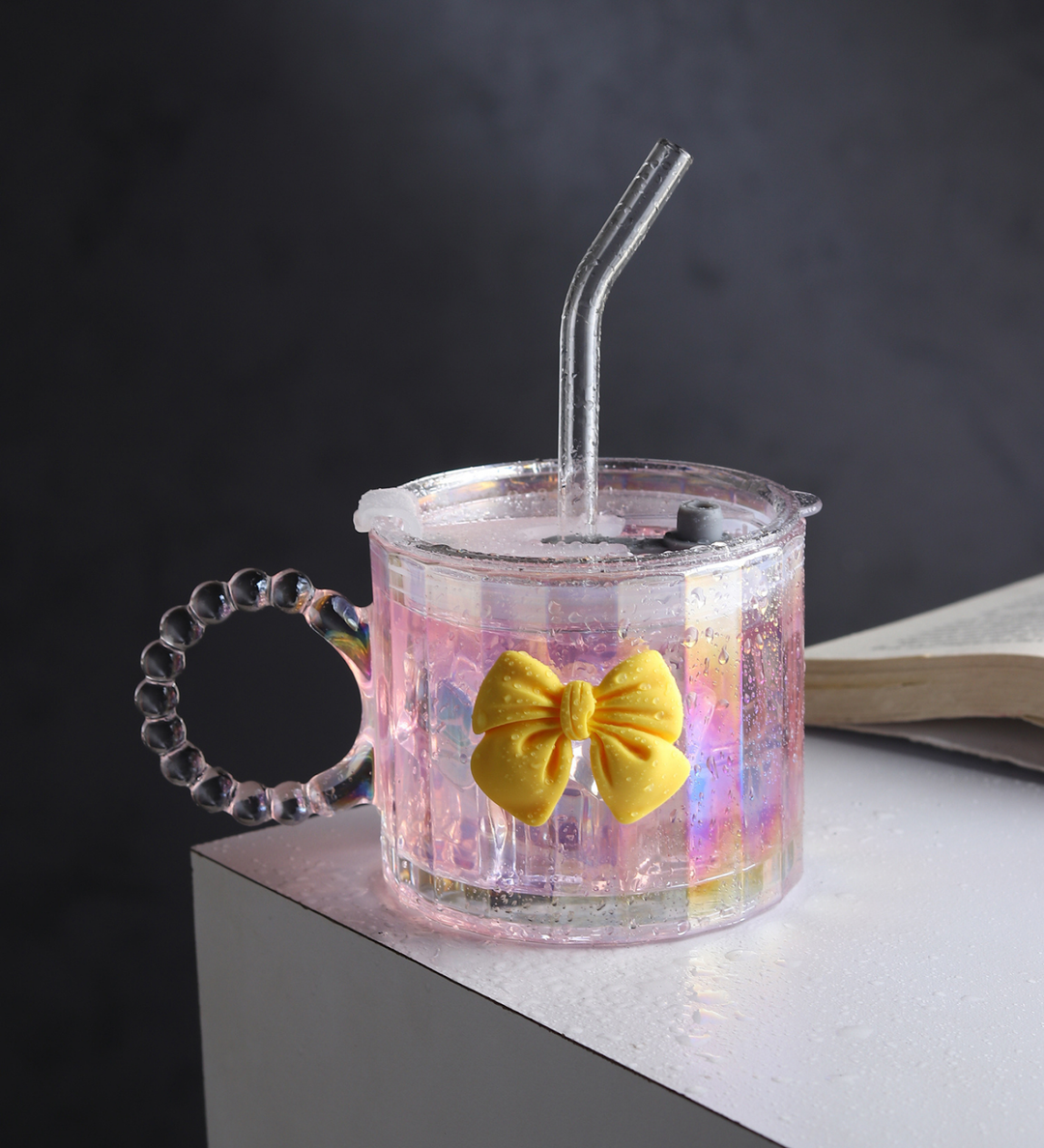 Colette Ribbed Glass Tumbler with Bow, Lid and Straw Yellow view 2
