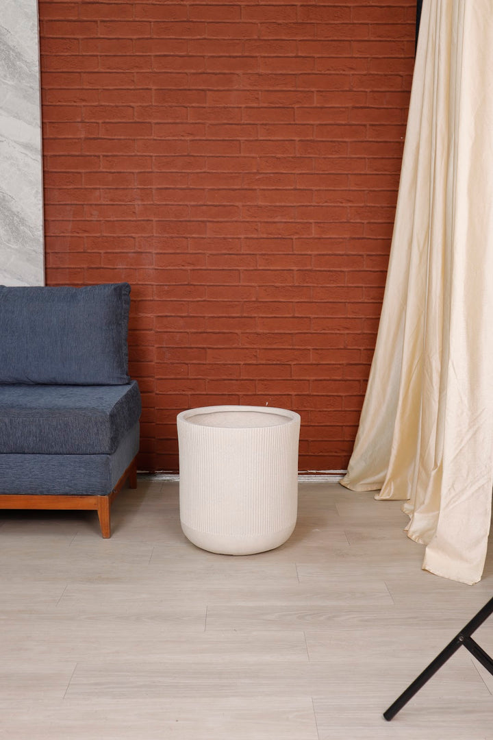 Expobazaar Ribbed Grey Cylindrical Stone‑Finish Large Planter
