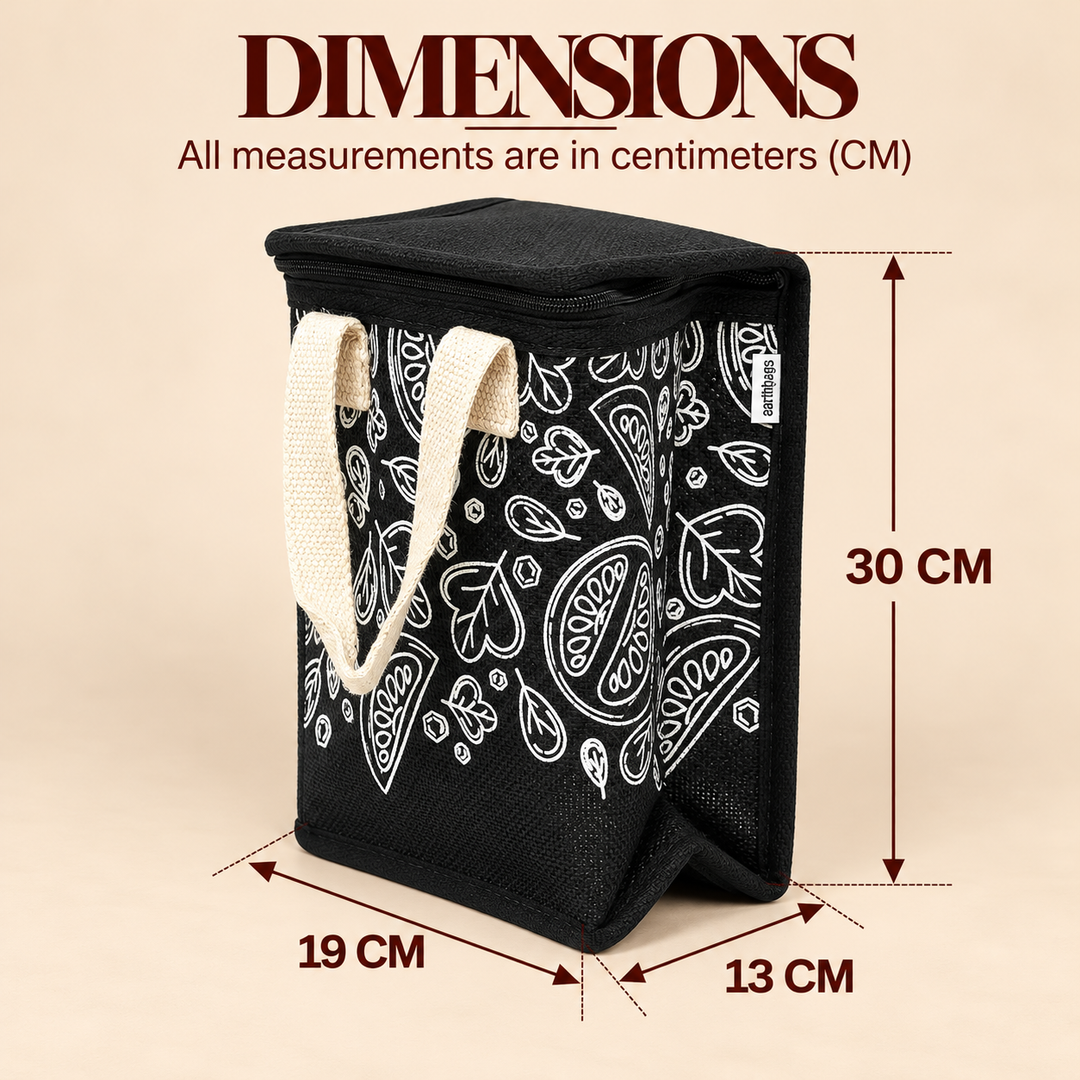 Insulated Jute Lunch Bag, Black with White Print, View 5