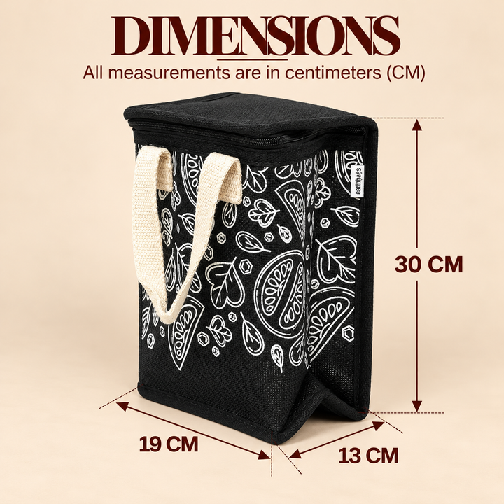 Insulated Jute Lunch Bag, Black with White Print, View 5