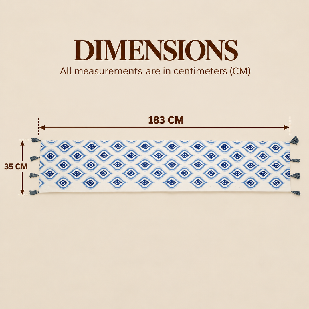 Blue Geometric Table Runner with Tassels, View 5