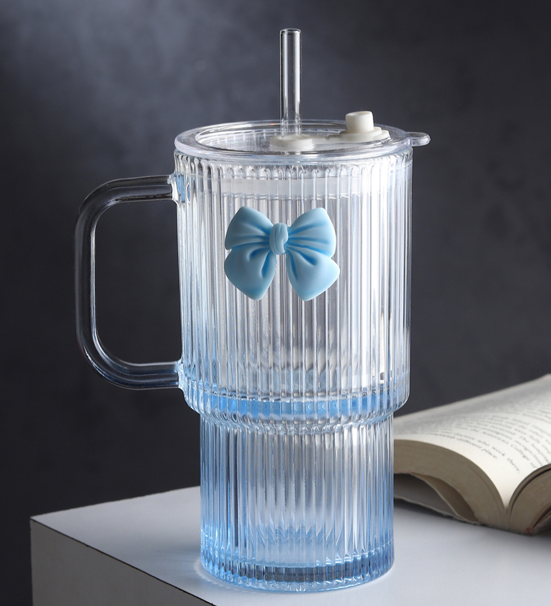 Ribbonette Fluted Glass Tumbler with Ribbon Detail Blue view 1