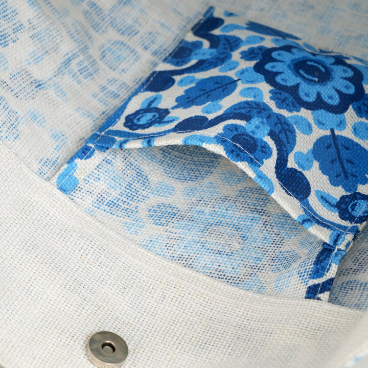 Blue Floral Print Jute Carry Bag, View 5