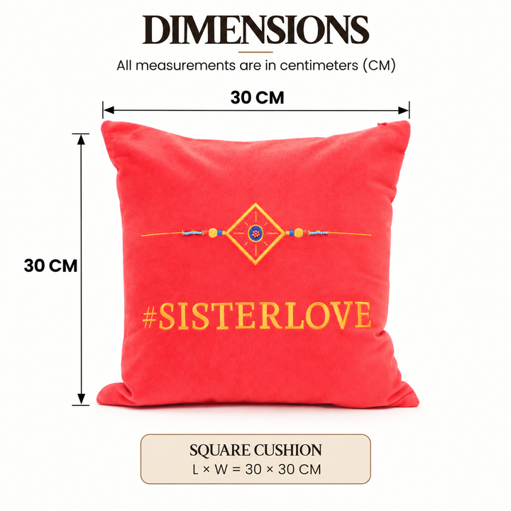 Rakhi Embroidered Velvet Cushion 30 cm, #SISTER LOVE, view 5
