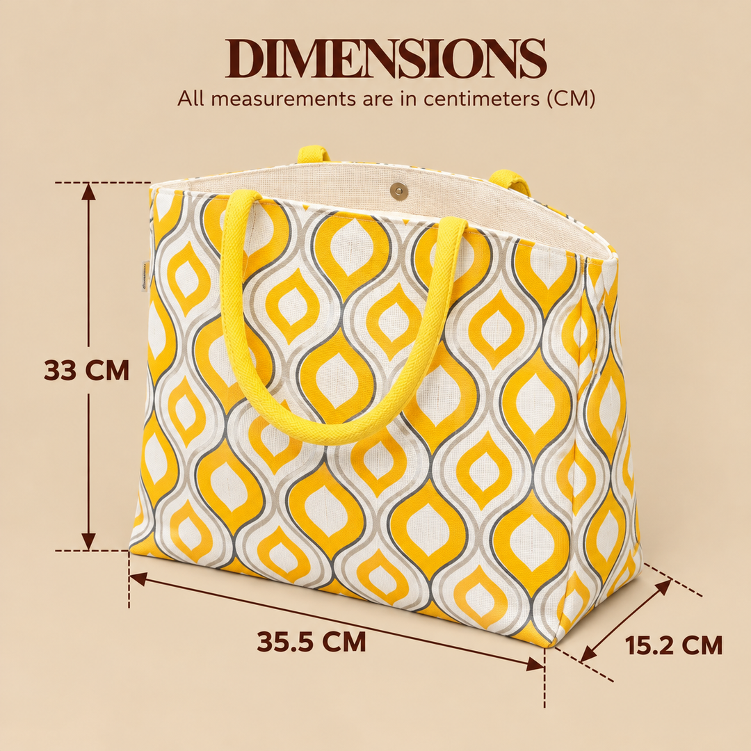 Yellow Geometric Print Jute Carry Bag, View 5