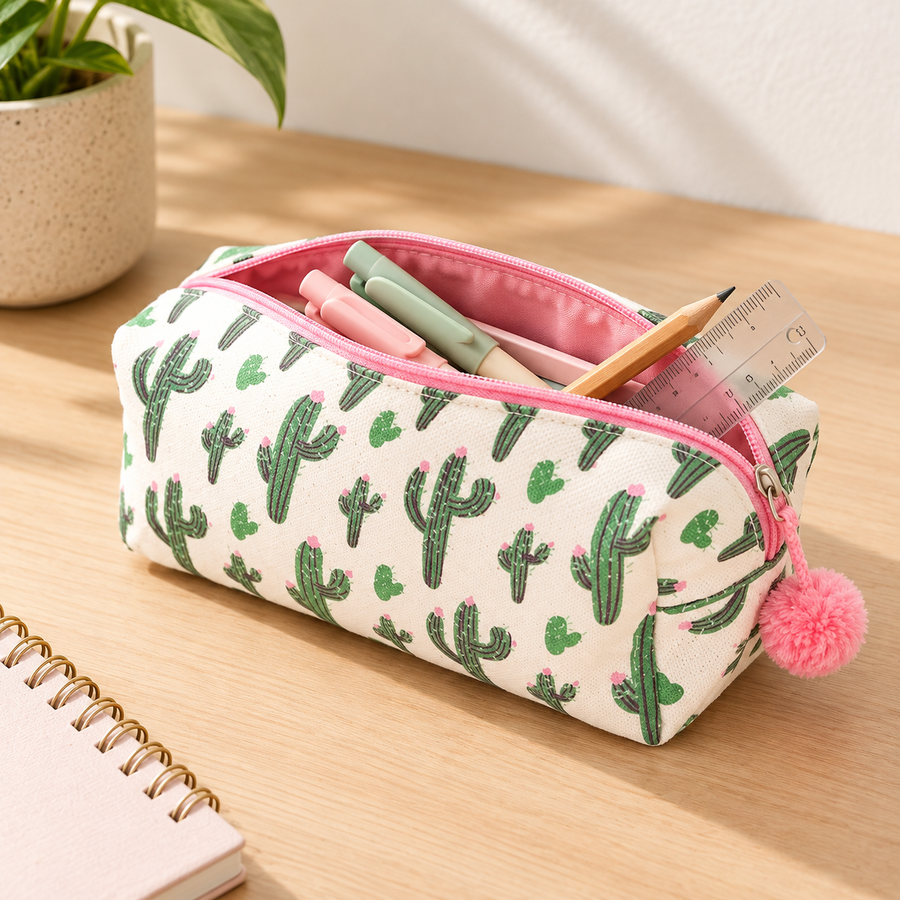 Cactus Print Fluffy Pouch with Pom Pom, View 2