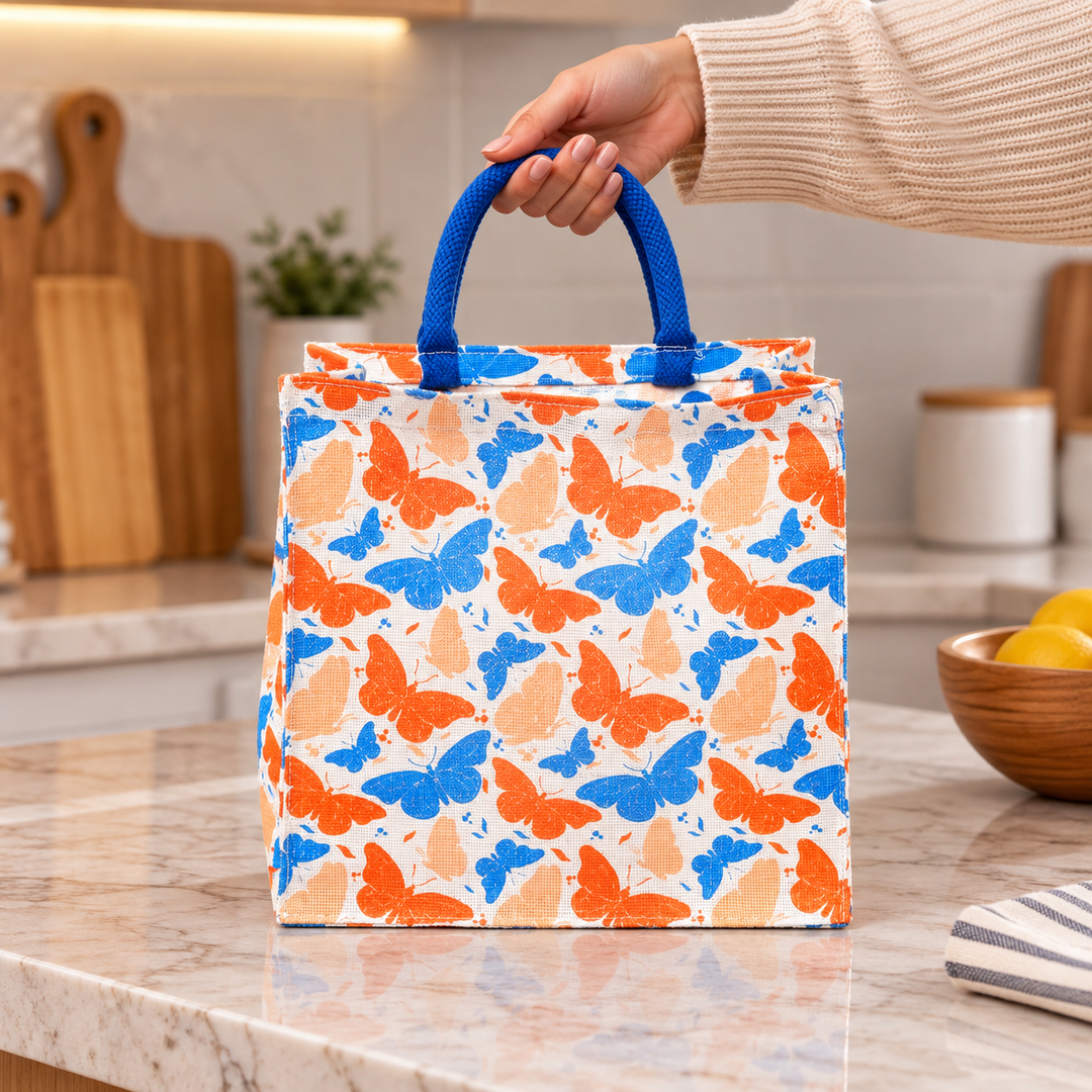 Multicolour Butterfly Print Jute Lunch Bag, View 2