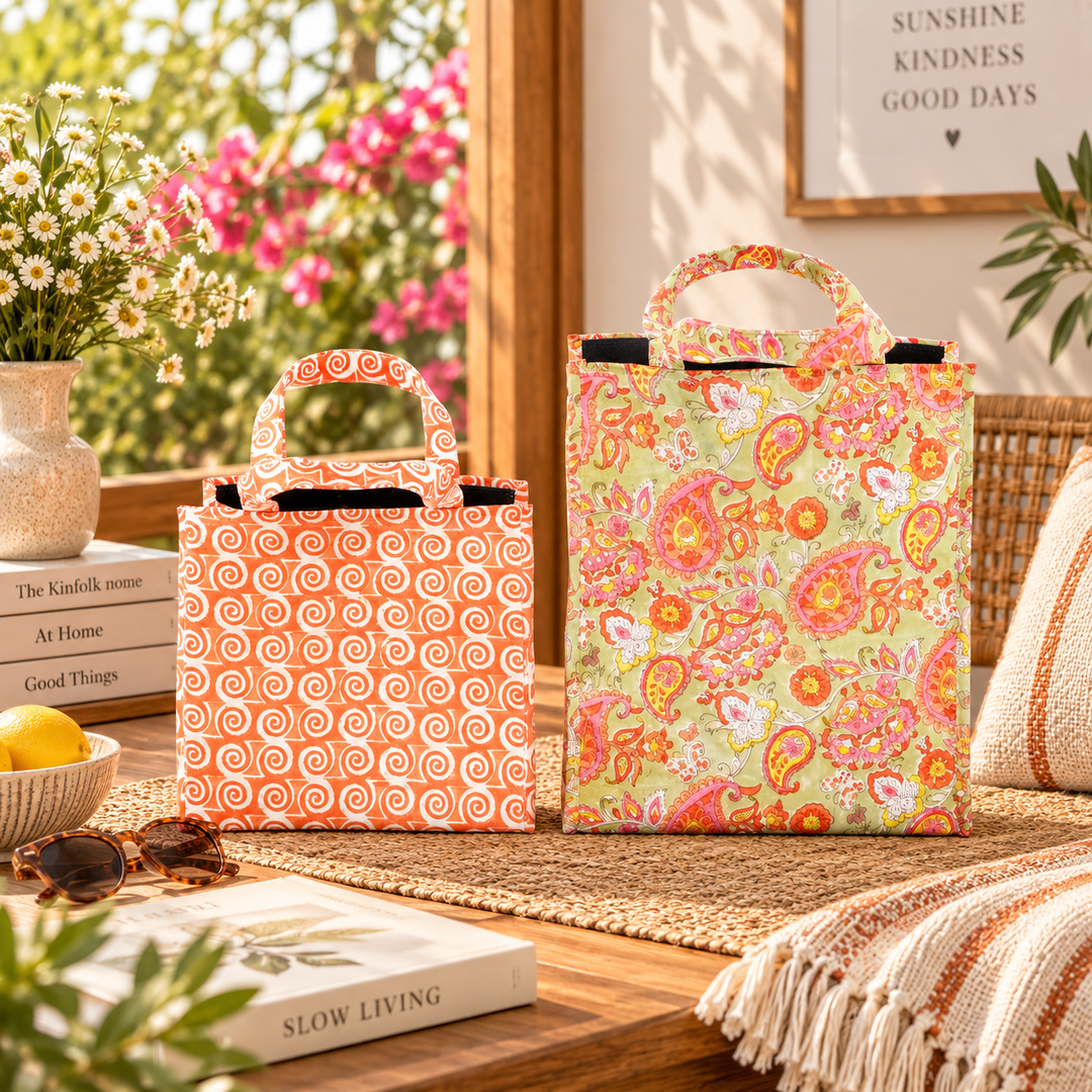 Insulated Cotton Lunch Bag Set of 2, Orange Paisley Spiral, view 8