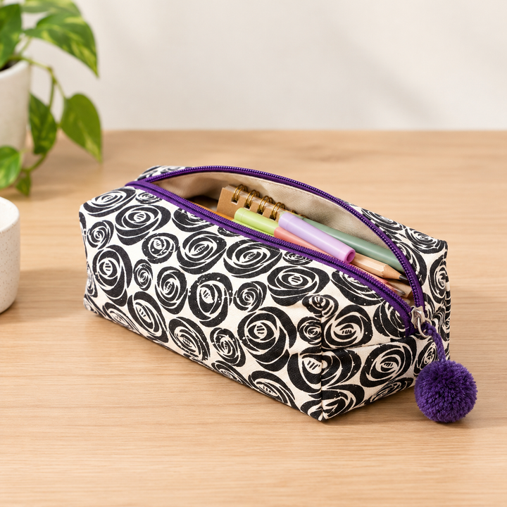 Black Swirl Print Fluffy Pouch with Pom Pom, View 5
