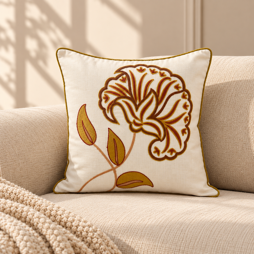 Brown Floral Aari Embroidered Cushion Cover