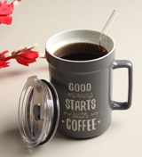 Mugsy Grey Ceramic Coffee Mug with Cafe Inscription Good Things Start With Coffee view 1