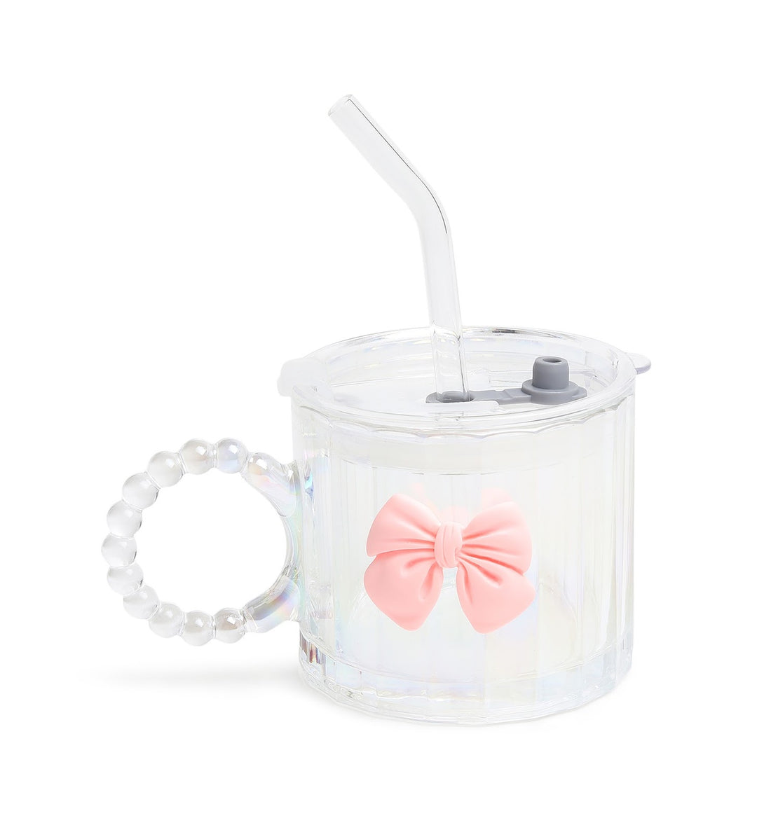 Colette Ribbed Glass Tumbler with Bow, Lid and Straw Pink view 4
