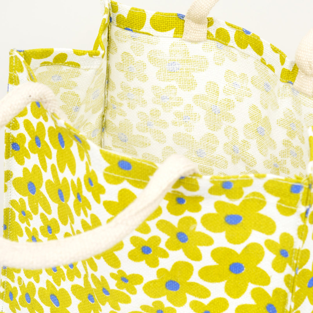Yellow Floral Print Jute Lunch Bag, View 4