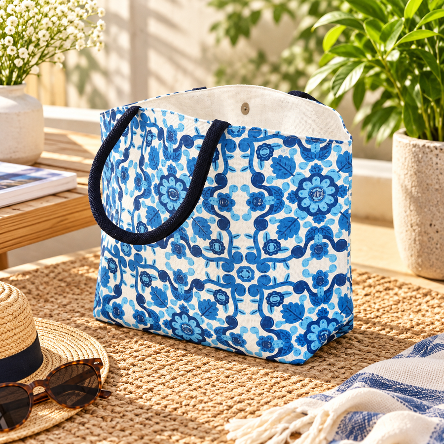 Blue Floral Print Jute Carry Bag, View 6