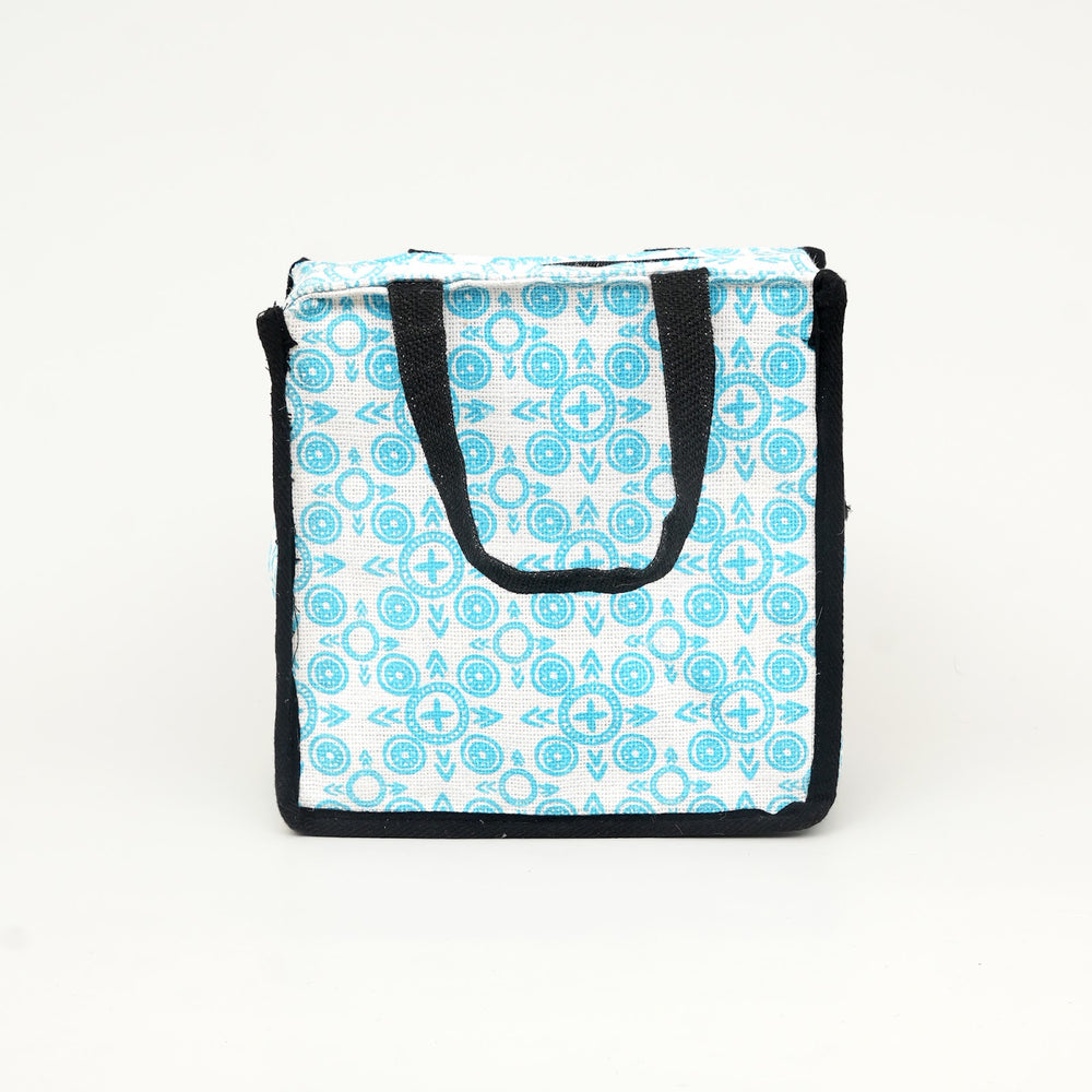 Express Jute Lunch Bag, Aqua and White Print, View 2