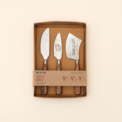 Etched steel and wood cheese knife set