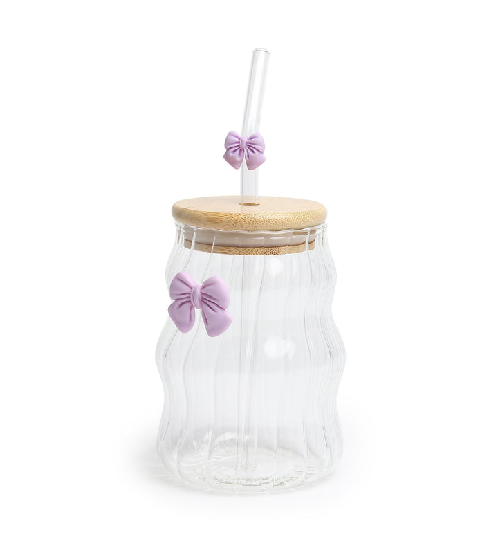 Taffy Wavy Glass Tumbler with Wooden Lid and Straw Purple view 5