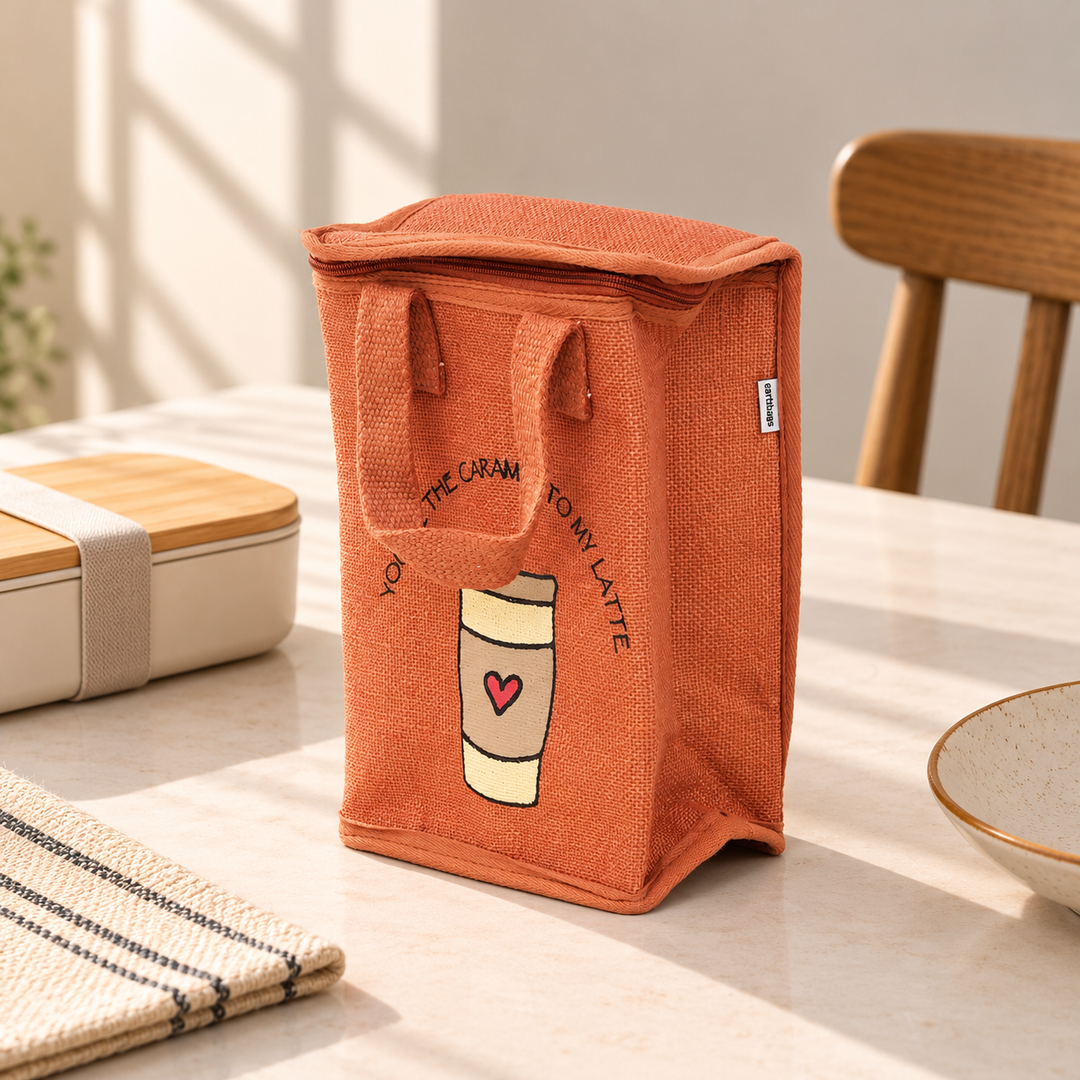 Insulated Jute Lunch Bag, Coffee Cup Print