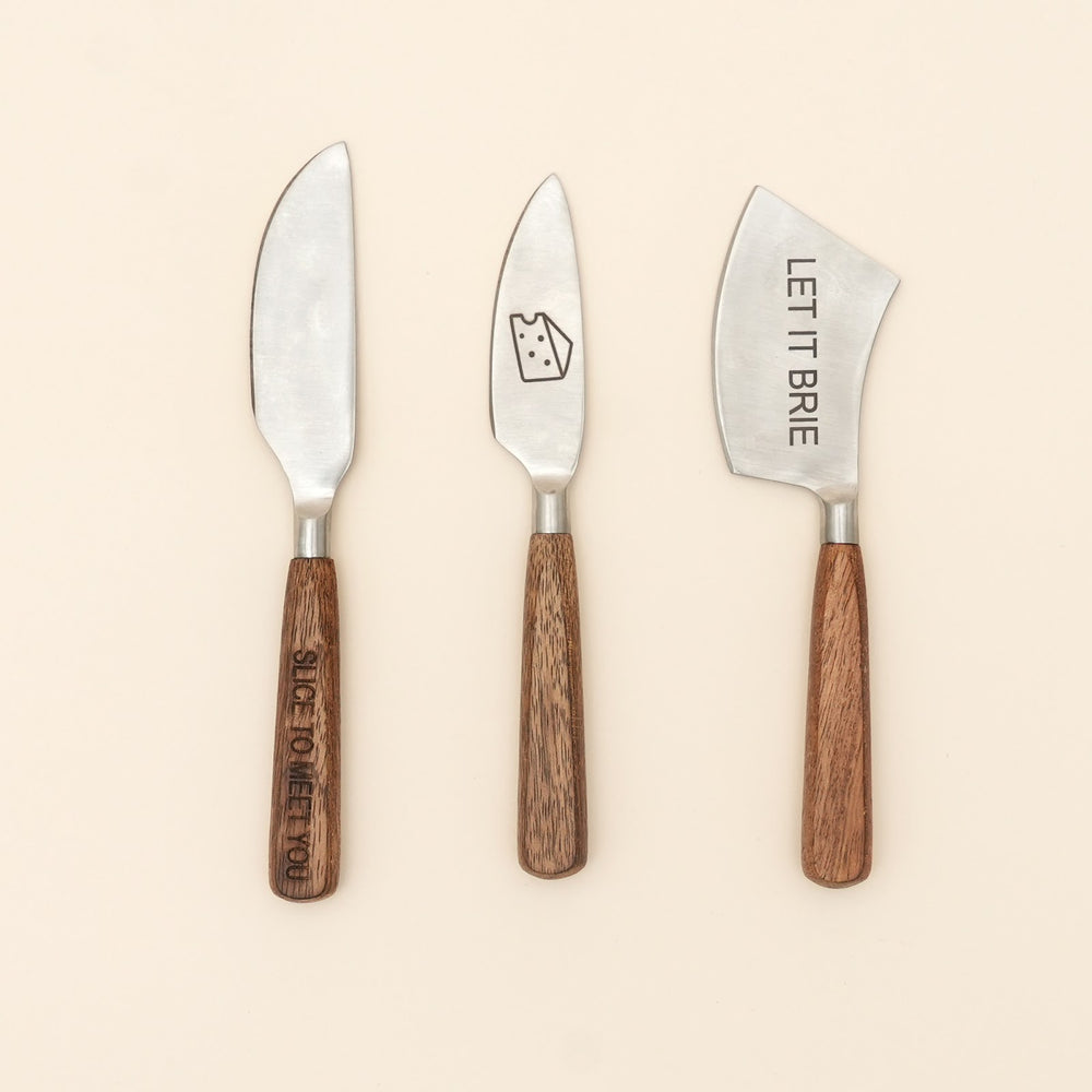 Etched steel and wood cheese knife set