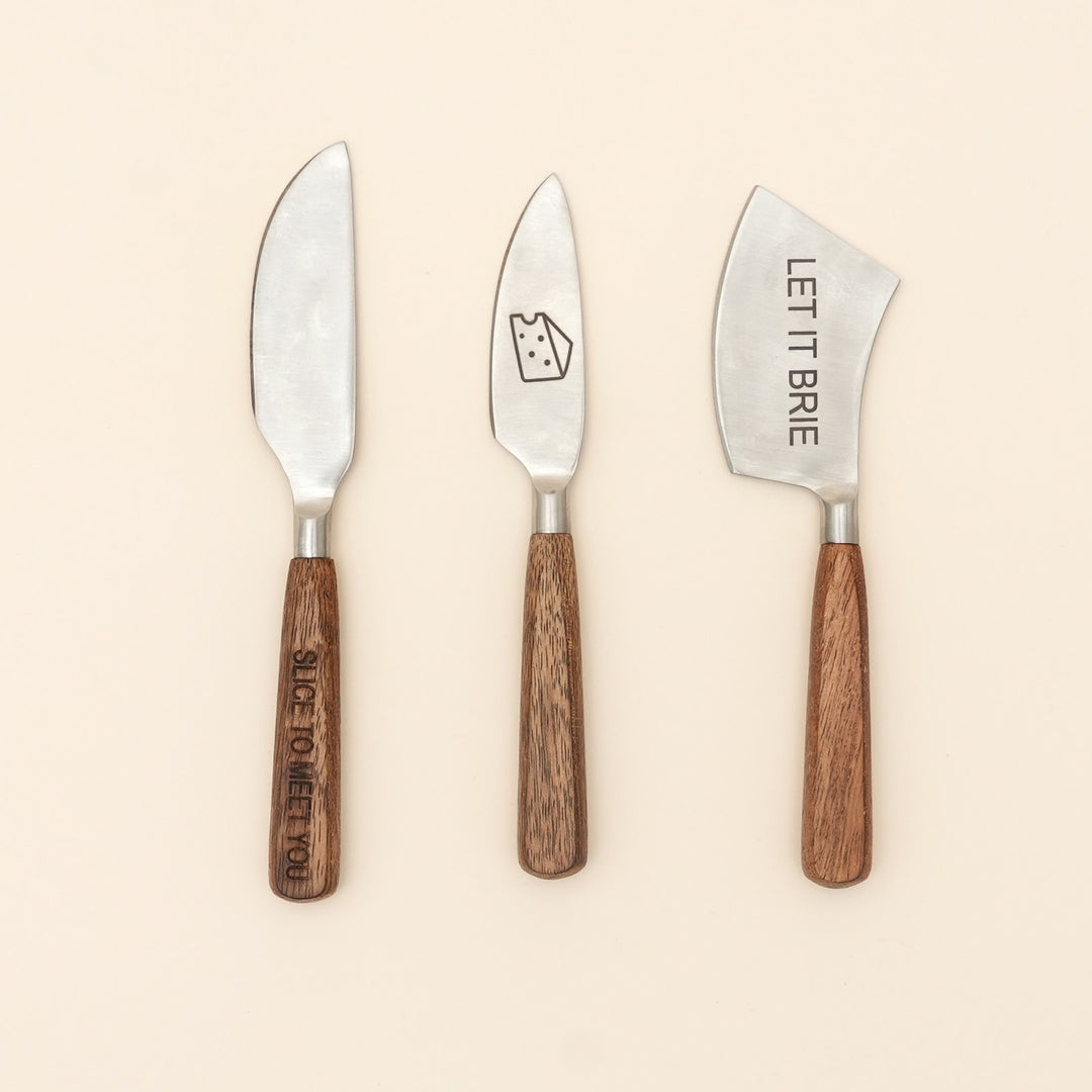 Etched steel and wood cheese knife set