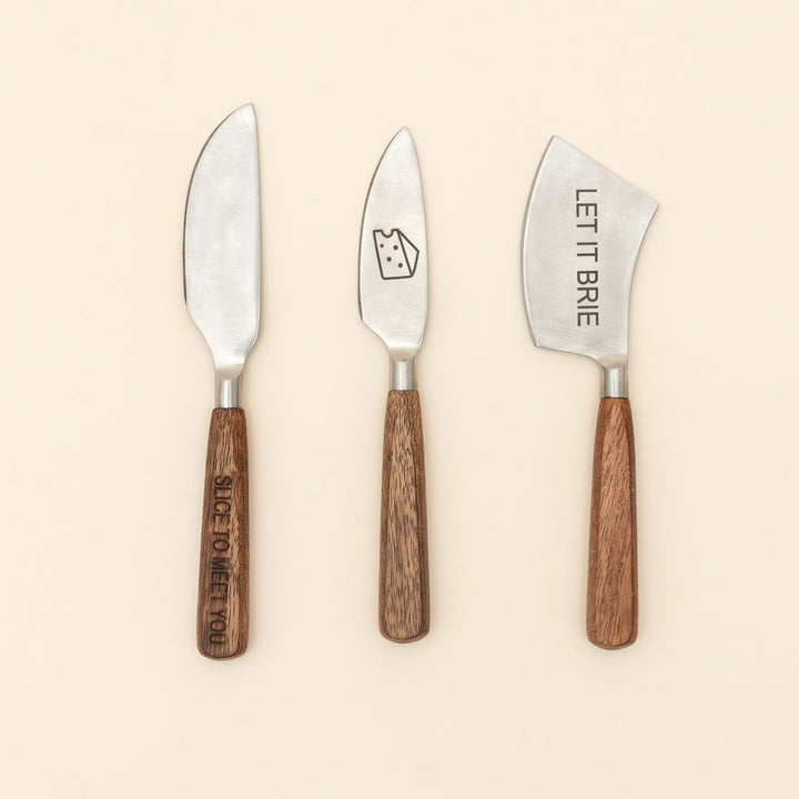 Etched steel and wood cheese knife set