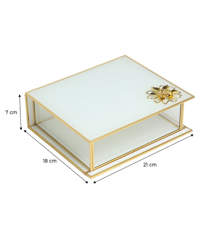 Livia's Flower White Glass Jewellery Box with Metal Frame Large view 3
