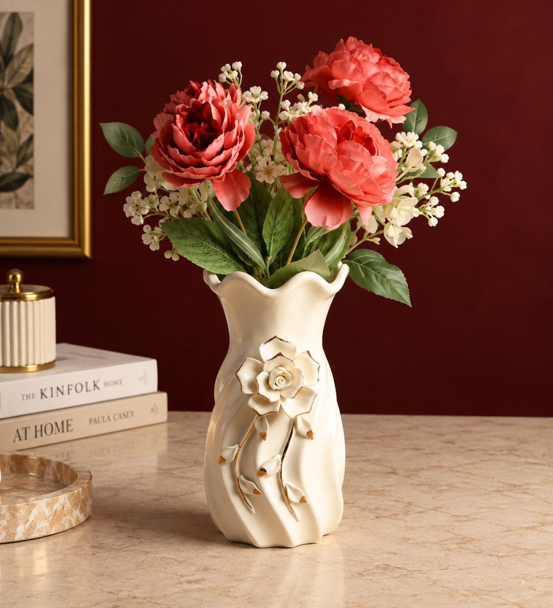 Odile Fleur Rose Porcelain Vase with Gold Edge view 1