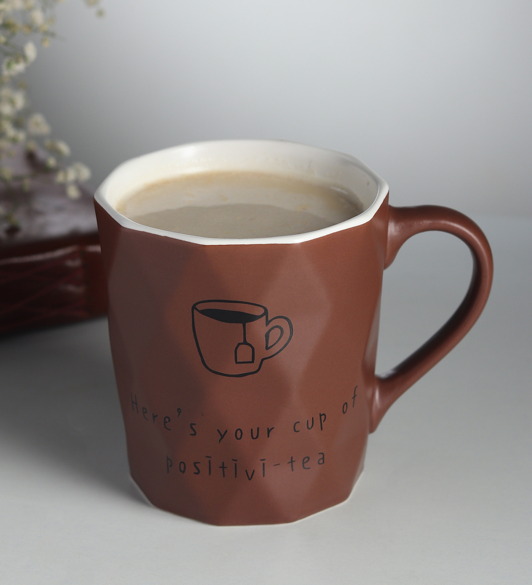 Positive-Tea Ceramic Tea Cup with Quote Brown view 2