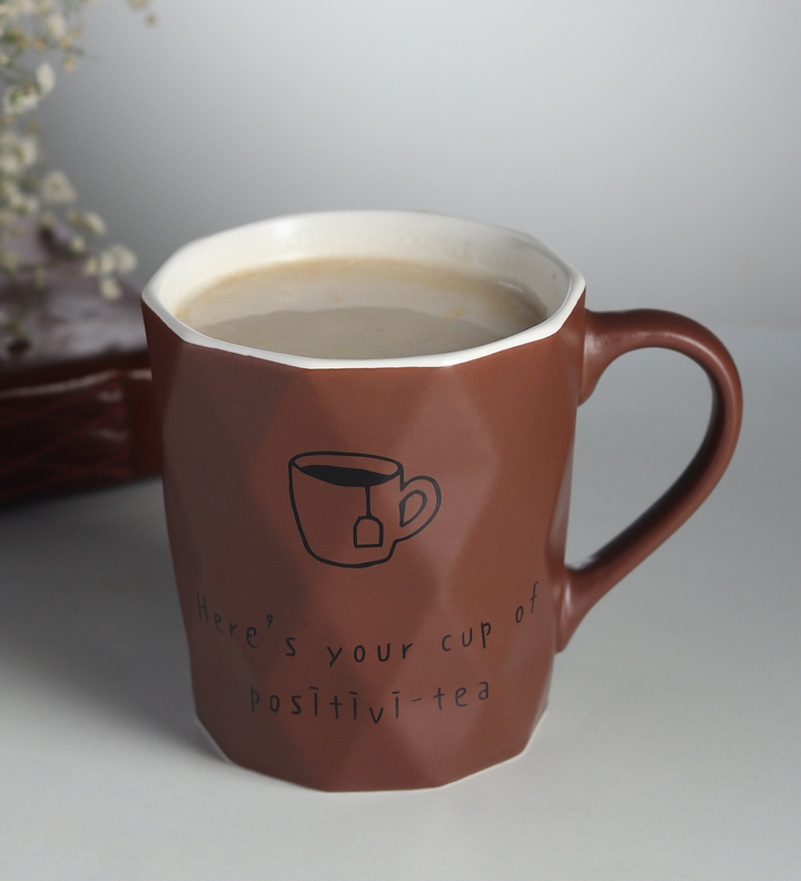 Positive-Tea Ceramic Tea Cup with Quote Brown view 2
