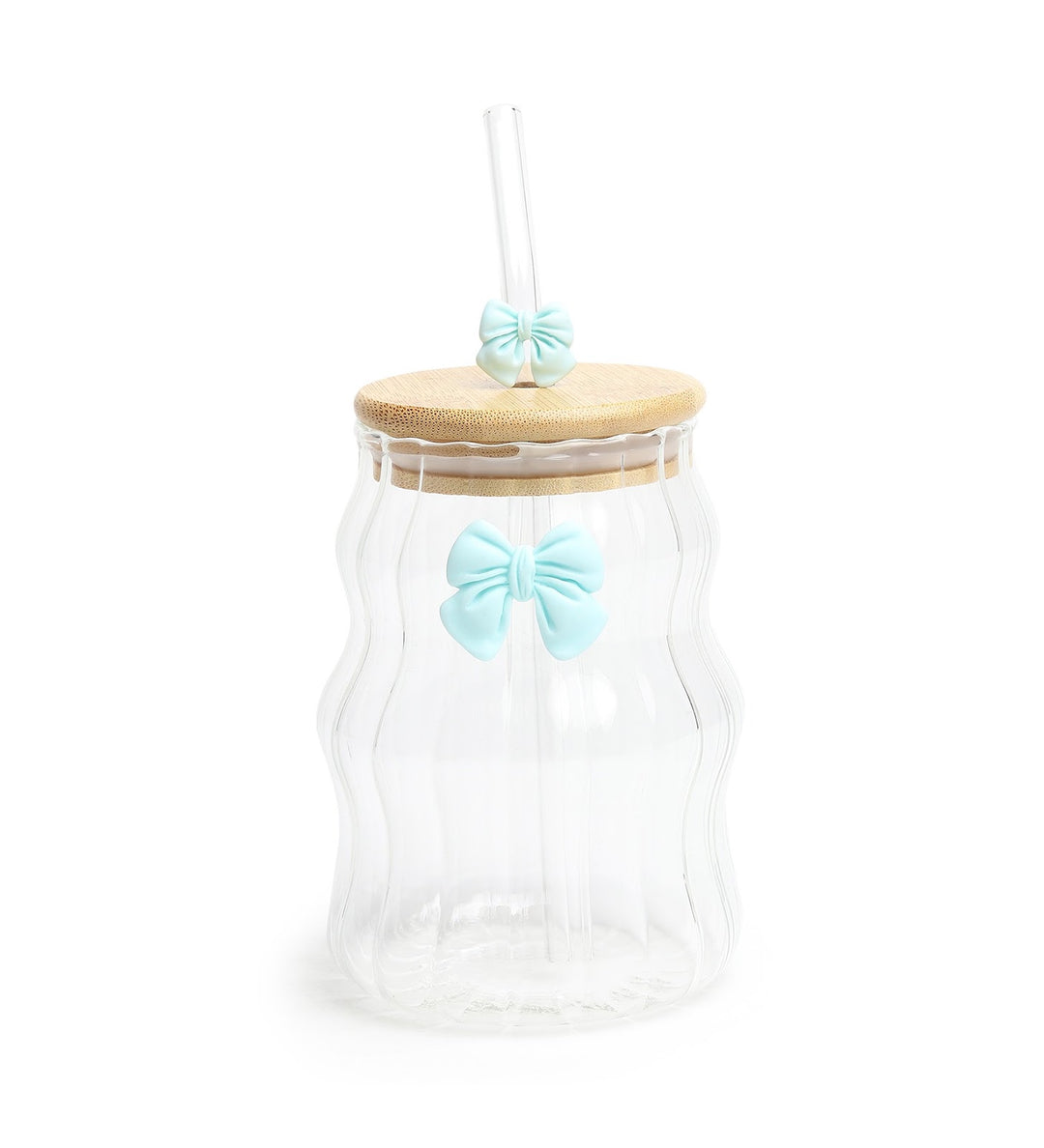 Taffy Wavy Glass Tumbler with Wooden Lid and Straw Blue view 4